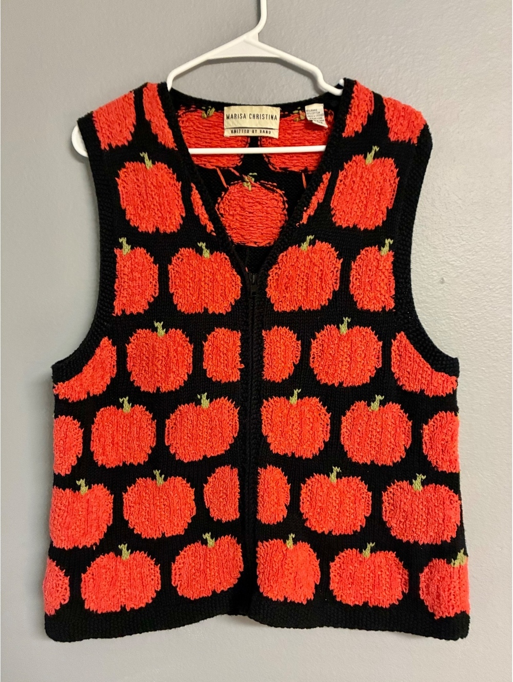 Vintage Marisa Christina Hand Knitted Pumpkin Fall Sweater Vest Black Orange XL